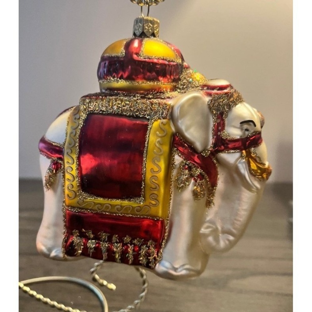 Large Blown Glass Indian Elephant Christmas Ornament 4.5" Red Gold Glitter